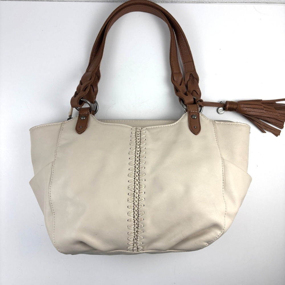 The Sak Bolinas Satchel Womens Cream Tan Leather Crochet Tassel RARE Boho Casual
